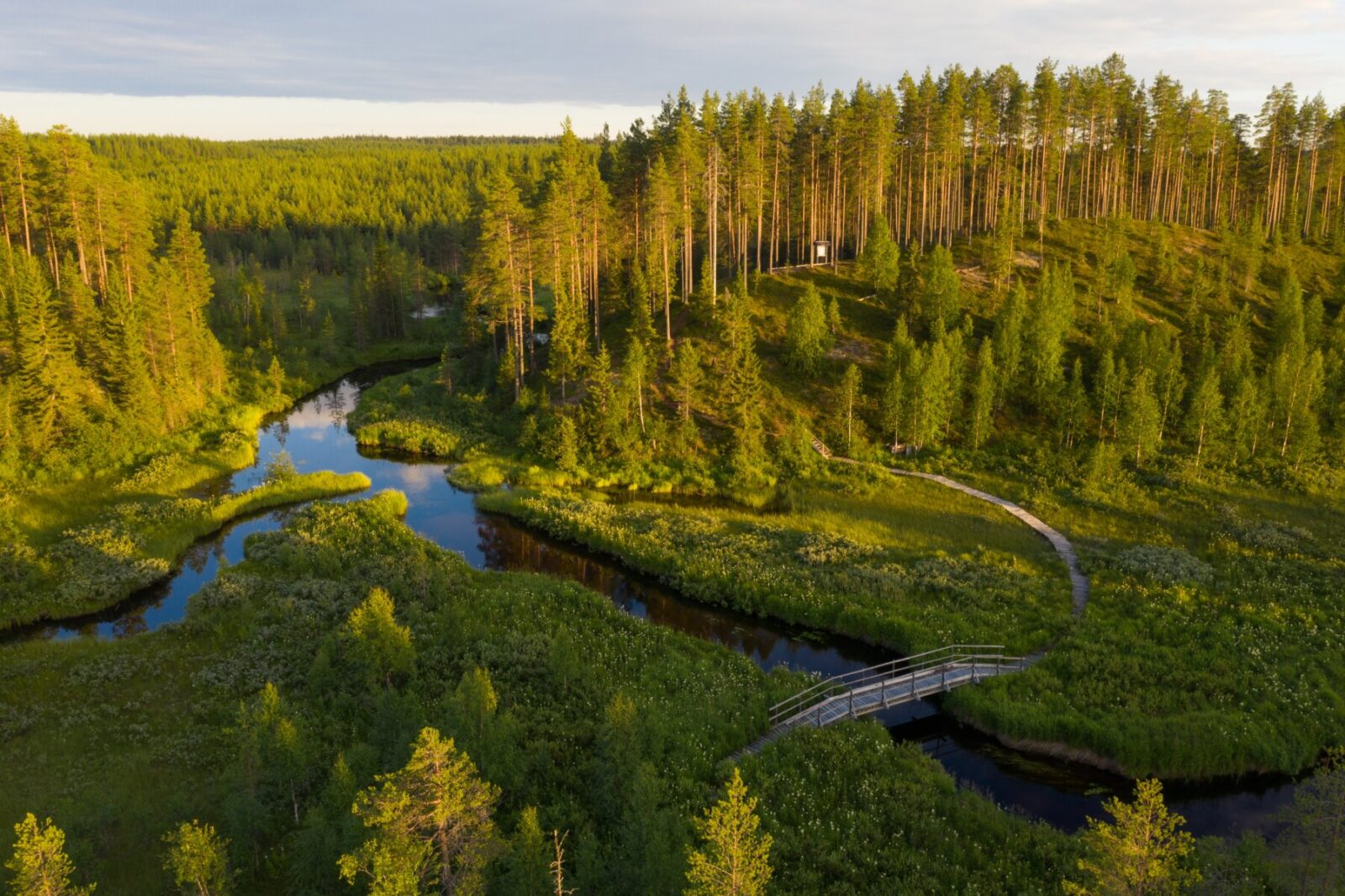 Ilmakuva Vienan Reitiltä Porrasjoelle ja Särkänpolvelle, harjun päällä on matkamiehen risti.