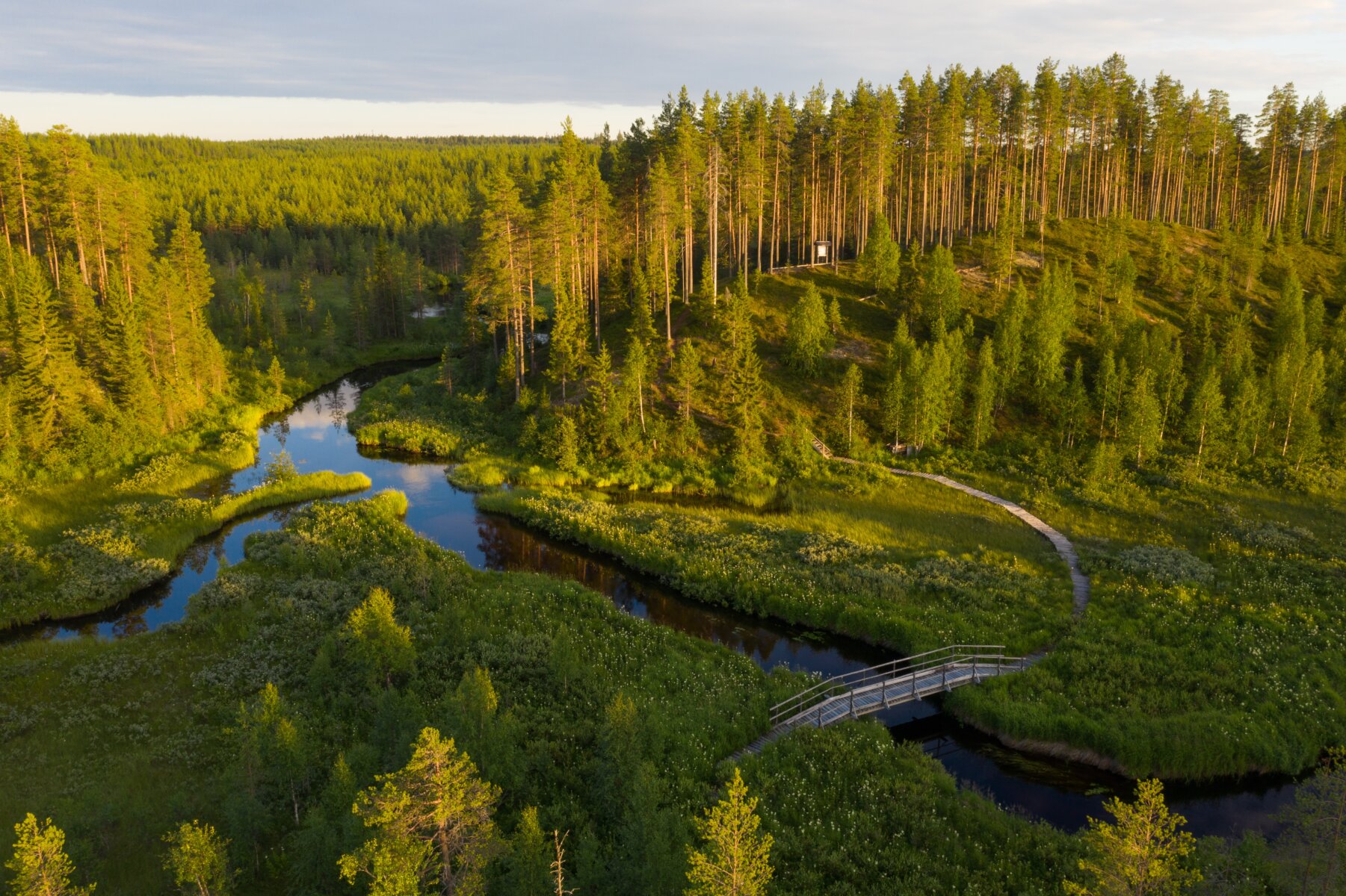 Ilmakuva Vienan Reitiltä Porrasjoelle ja Särkänpolvelle, harjun päällä on matkamiehen risti.